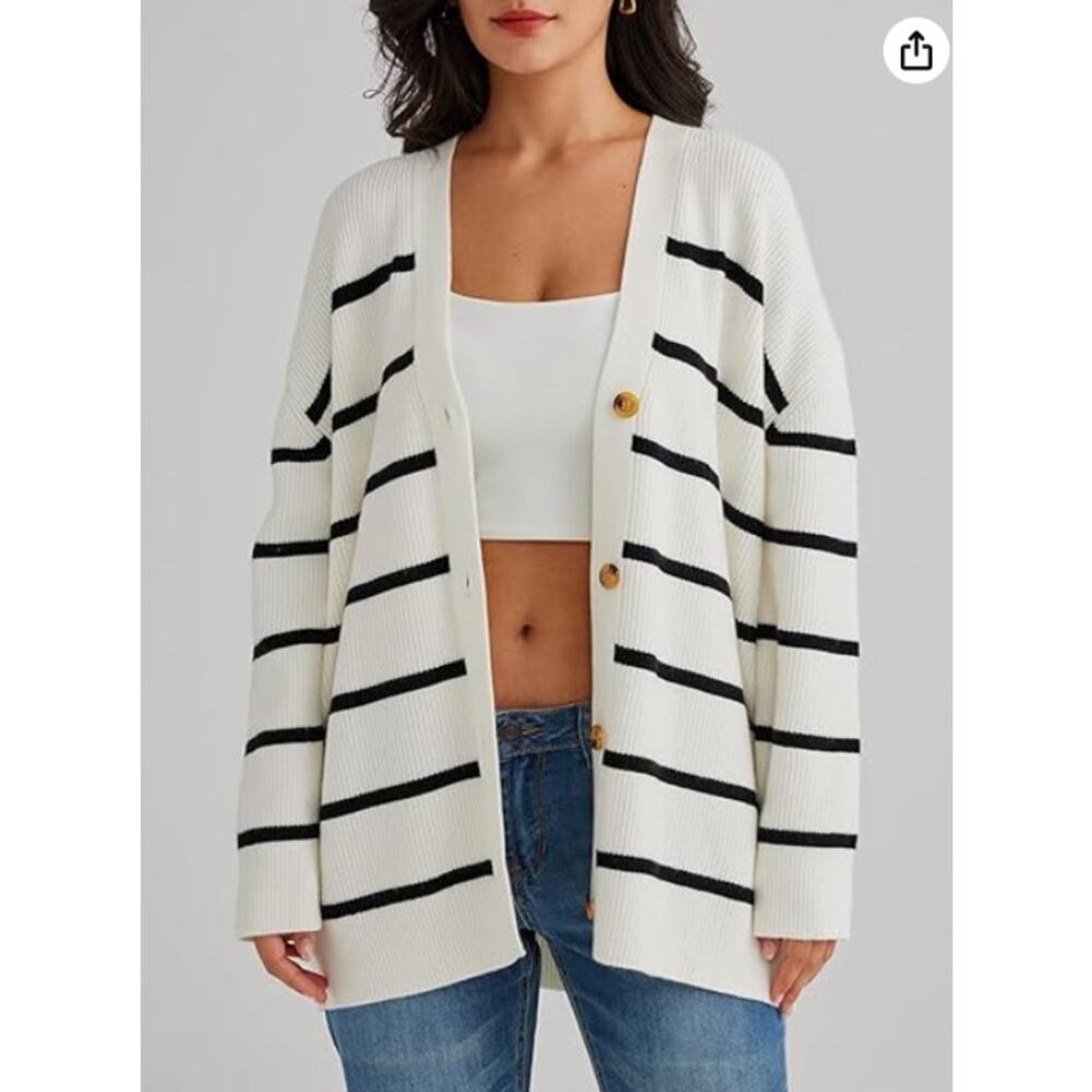 Lillusory Striped Oversized Cardigan Sweater Ivory Black Button Front L